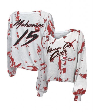 Women's Kansas City Chiefs Off-Shoulder Tie-Dye Name and Number Long Sleeve V-Neck T-shirt White $31.50 Tops