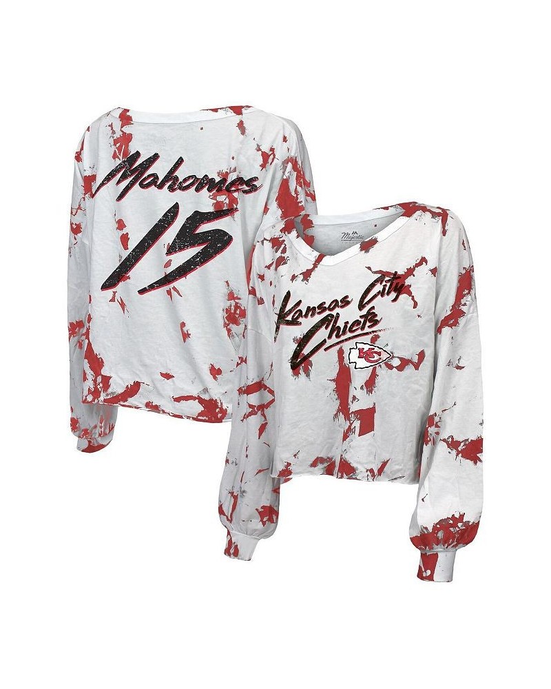 Women's Kansas City Chiefs Off-Shoulder Tie-Dye Name and Number Long Sleeve V-Neck T-shirt White $31.50 Tops