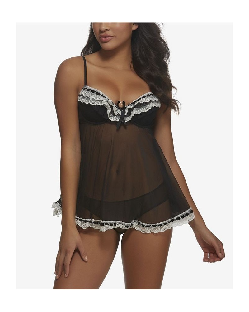 Women's Ruffles Galore Babydoll 2 Piece Lingerie Set Black $29.90 Sleepwear