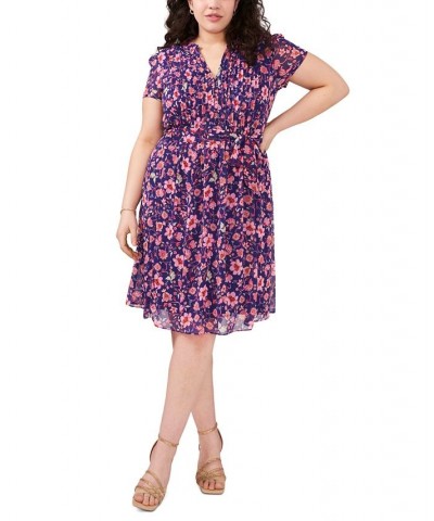 Plus Size Floral-Print Pintuck Belted Shirtdress Purple/Fuchsia/Mint $39.16 Dresses