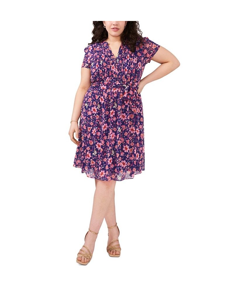 Plus Size Floral-Print Pintuck Belted Shirtdress Purple/Fuchsia/Mint $39.16 Dresses