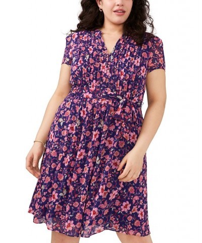 Plus Size Floral-Print Pintuck Belted Shirtdress Purple/Fuchsia/Mint $39.16 Dresses