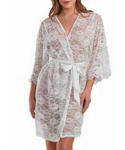 Women's Jasmine Soft Sheer Lace Robe with Self Tie Satin Sash White $50.62 Sleepwear