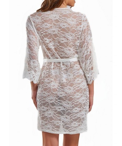 Women's Jasmine Soft Sheer Lace Robe with Self Tie Satin Sash White $50.62 Sleepwear