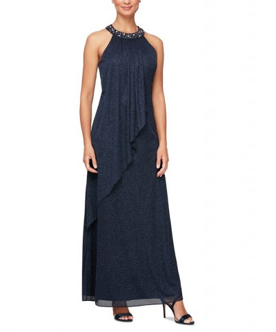 Women's Overlay A-Line Halter Gown Navy $39.50 Dresses