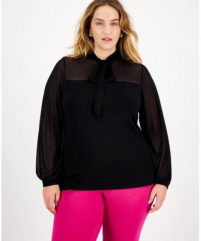Plus Size Tie-Neck Mesh-Contrast Blouse Black $28.13 Tops