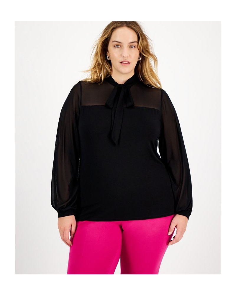 Plus Size Tie-Neck Mesh-Contrast Blouse Black $28.13 Tops