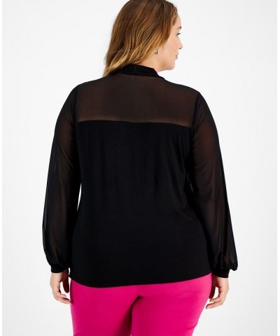 Plus Size Tie-Neck Mesh-Contrast Blouse Black $28.13 Tops