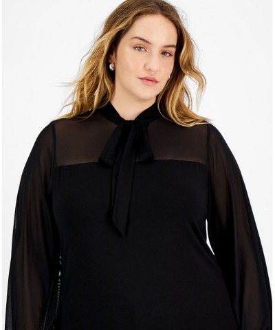 Plus Size Tie-Neck Mesh-Contrast Blouse Black $28.13 Tops