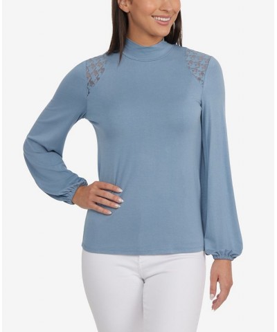 Women's Mock Neck Top with Blouson Sleeves Blue $39.16 Sweaters