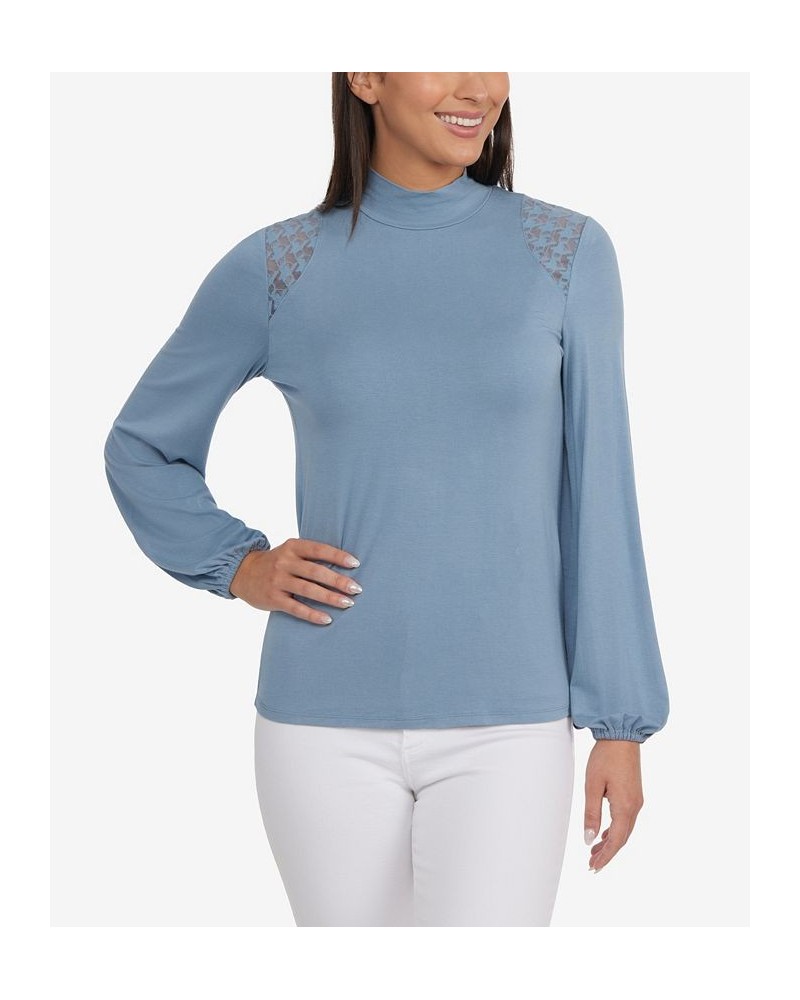 Women's Mock Neck Top with Blouson Sleeves Blue $39.16 Sweaters