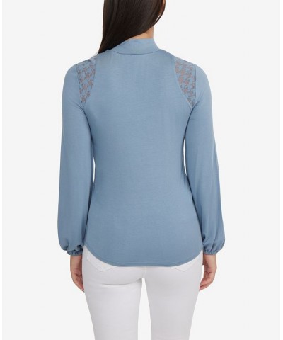 Women's Mock Neck Top with Blouson Sleeves Blue $39.16 Sweaters