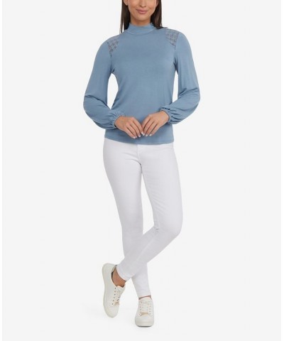 Women's Mock Neck Top with Blouson Sleeves Blue $39.16 Sweaters