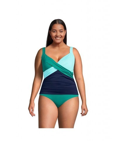 Women's Plus Size V-Neck Wrap Wireless Tankini Swimsuit Top Green $49.26 Swimsuits