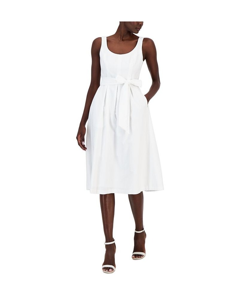 Women's Belted Seersucker Sleeveless Midi Dress Bright White $61.09 Dresses