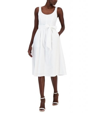 Women's Belted Seersucker Sleeveless Midi Dress Bright White $61.09 Dresses