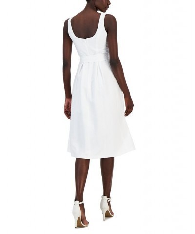 Women's Belted Seersucker Sleeveless Midi Dress Bright White $61.09 Dresses