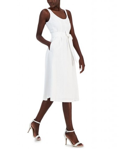 Women's Belted Seersucker Sleeveless Midi Dress Bright White $61.09 Dresses