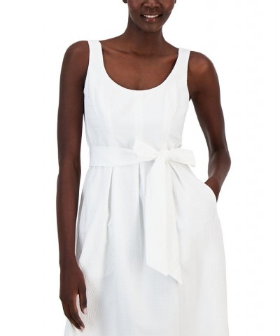 Women's Belted Seersucker Sleeveless Midi Dress Bright White $61.09 Dresses