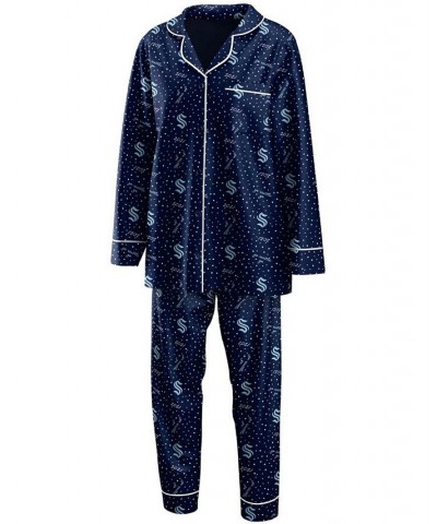 Women's Deep Sea Blue Seattle Kraken Long Sleeve Button-Up Shirt and Pants Sleep Set Deep Sea Blue $34.30 Pajama