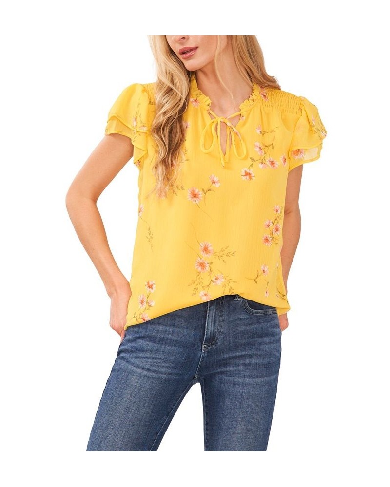 Women's Smocked Shoulder Tie Neck Blouse Golden Hour $47.17 Tops