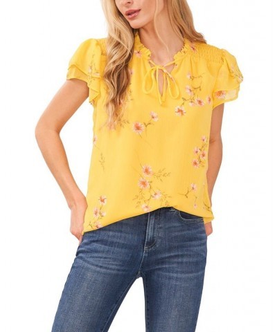 Women's Smocked Shoulder Tie Neck Blouse Golden Hour $47.17 Tops