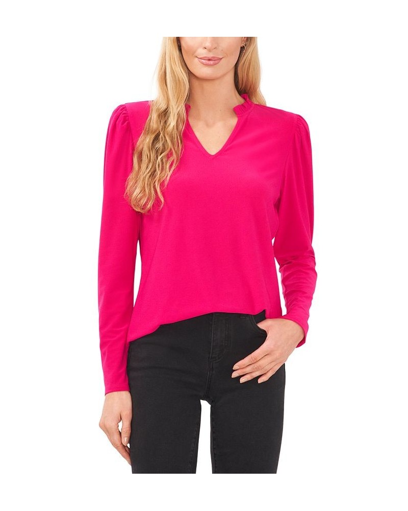 Women's Solid Puff-Sleeve Split-Neck Top Bright Geranium $24.16 Tops