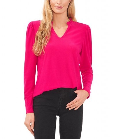 Women's Solid Puff-Sleeve Split-Neck Top Bright Geranium $24.16 Tops