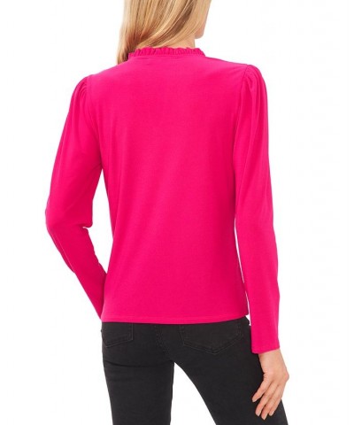 Women's Solid Puff-Sleeve Split-Neck Top Bright Geranium $24.16 Tops