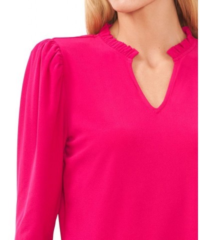 Women's Solid Puff-Sleeve Split-Neck Top Bright Geranium $24.16 Tops