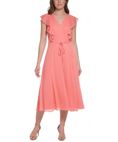 Women's Ruffled-Sleeve Clip Dot Midi Dress Bloom $61.09 Dresses