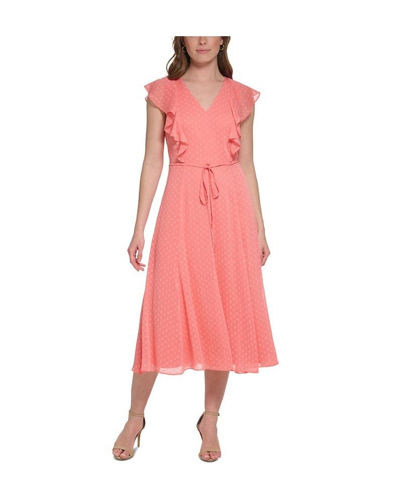 Women's Ruffled-Sleeve Clip Dot Midi Dress Bloom $61.09 Dresses