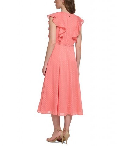 Women's Ruffled-Sleeve Clip Dot Midi Dress Bloom $61.09 Dresses