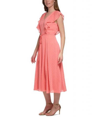 Women's Ruffled-Sleeve Clip Dot Midi Dress Bloom $61.09 Dresses