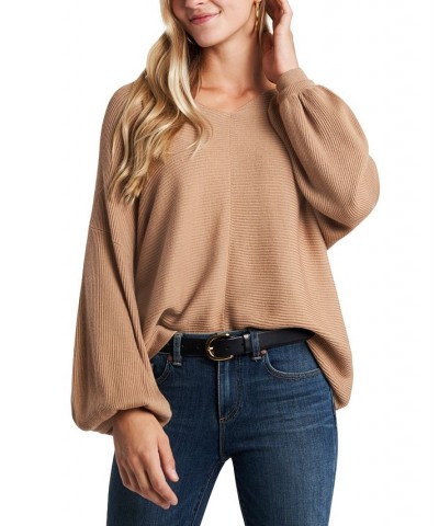 Women's Rib-Knit Bubble Sleeve Long Sleeve Sweater Tan/Beige $28.27 Sweaters