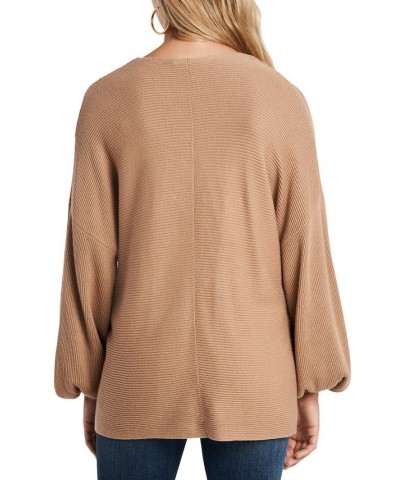 Women's Rib-Knit Bubble Sleeve Long Sleeve Sweater Tan/Beige $28.27 Sweaters