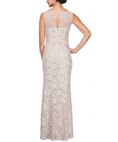 Women's Lace Illusion-Neck Embellished Gown Beige $97.99 Dresses