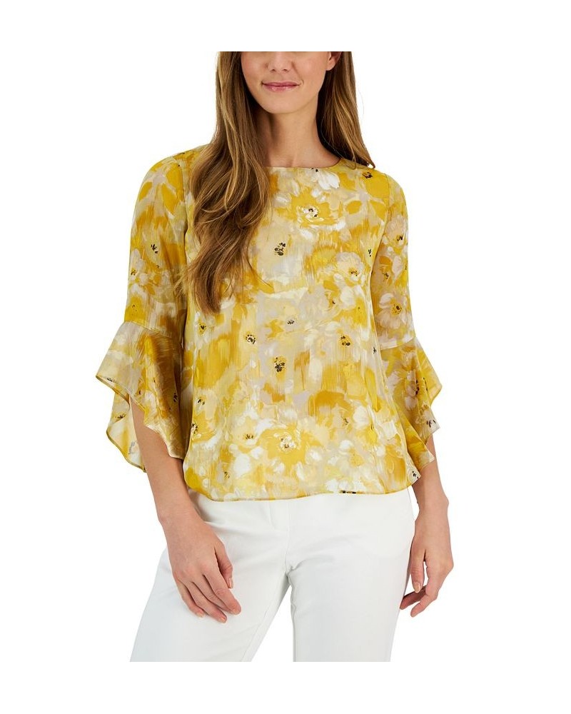 Petite Floral-Print Ruffle-Sleeve Blouse Butterscotch $41.87 Tops