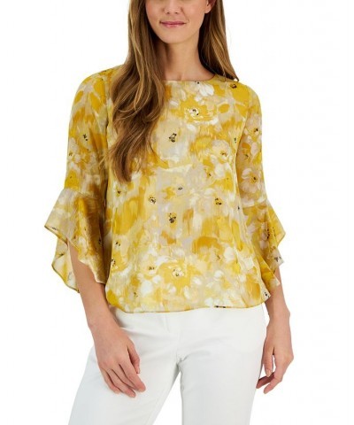 Petite Floral-Print Ruffle-Sleeve Blouse Butterscotch $41.87 Tops