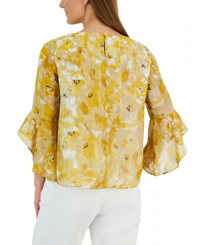 Petite Floral-Print Ruffle-Sleeve Blouse Butterscotch $41.87 Tops