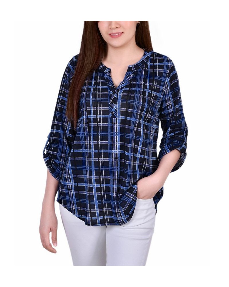 Women's 3/4 Roll Tab Sleeve Y-neck Top Blue $19.47 Tops