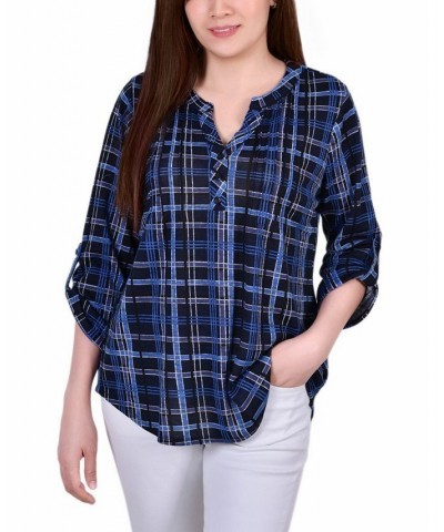 Women's 3/4 Roll Tab Sleeve Y-neck Top Blue $19.47 Tops