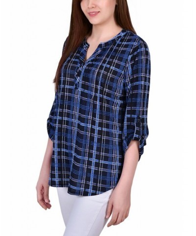 Women's 3/4 Roll Tab Sleeve Y-neck Top Blue $19.47 Tops