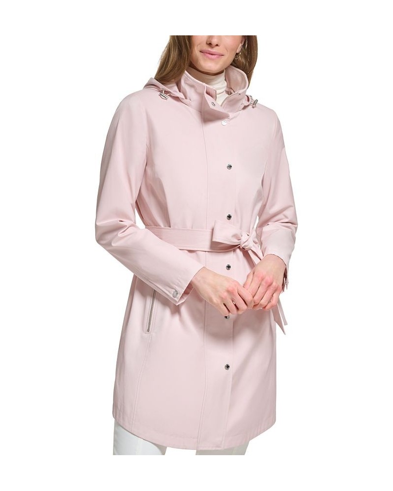 Women's Zip-Front Hooded Belted Raincoat Pink $49.28 Coats