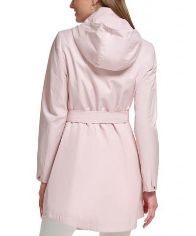 Women's Zip-Front Hooded Belted Raincoat Pink $49.28 Coats