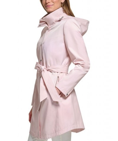 Women's Zip-Front Hooded Belted Raincoat Pink $49.28 Coats