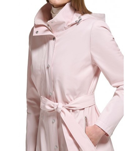 Women's Zip-Front Hooded Belted Raincoat Pink $49.28 Coats