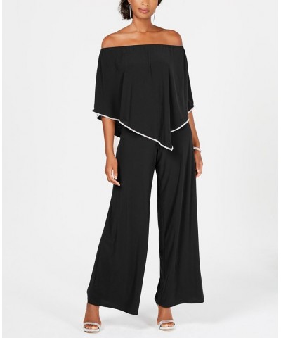 Off-The-Shoulder Overlay Jumpsuit Black/Silver $44.50 Pants