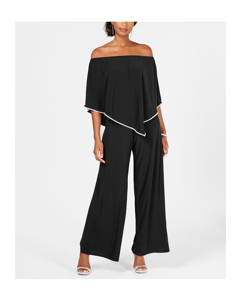 Off-The-Shoulder Overlay Jumpsuit Black/Silver $44.50 Pants