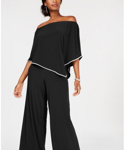 Off-The-Shoulder Overlay Jumpsuit Black/Silver $44.50 Pants